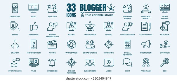 Blogging, media and communication icon set. Included icons as influencer, social media, advertisement, view rates, like, vlog and more. Restaurant menu. Pixel perfect 64x64. Editable Strokes 