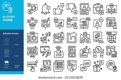 Ícones de blogs, mídia e comunicação. Ícones incluídos como influenciador, mídia social, propaganda, taxas de visualização, como, vlog e muito mais. Menu Restaurante. 