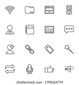 Blogging, media and communication line icons set, outline vector symbol collection, linear style pictogram pack. Signs, logo illustration. Set includes icons as blog content posting, website, notebook