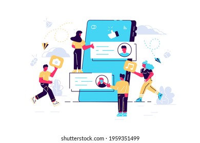 Blogging and microblogging in social media. Sharing media content, social networking concept. Vector people chatting online, men and women near big smartphone with posts on screen flat illustration