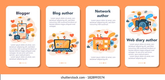 Blogging mobile application banner set. Network author share content in the internet and get review. Feedback, communication and popularity idea. Isolated vector illustration in cartoon style