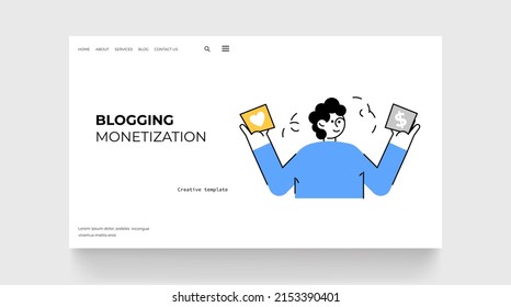 Blogging Monetarisierung Konzept. Zeichen im Rahmenstil mit verschiedenen Symbolen.