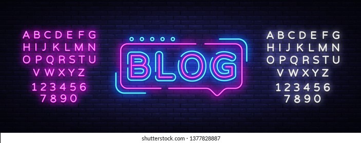 Blogging neon text vector design template. Blog neon logo, light banner design element colorful modern design trend, night bright advertising, bright sign. Vector illustration. Editing text neon sign