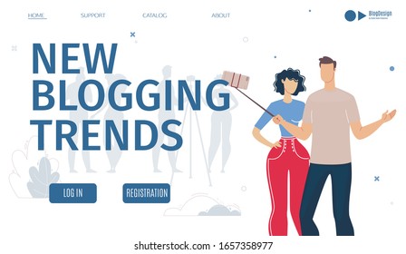 Blogging New Trends Analysis Service, Digital Marketing Company, Platform for Vloggers Web Banner, Landing Page Template. Man and Woman Streaming Video with Smartphone Trendy Flat Vector Illustration