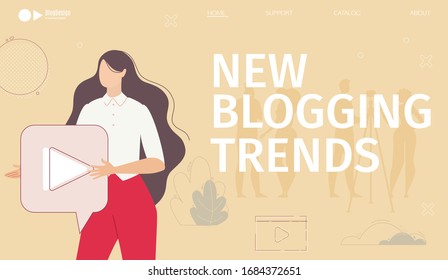 Blogging New Trends, SEO Analysis Service, Educational Startup for Blogger, Video Content Creator Web Banner, Landing Page Template. Blogger Recording Video on Camera Trendy Flat Vector Illustration