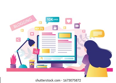 Blogging on desktop computer. Content development for online news, blogs and website, copywriting concept. Woman blogger or copywriter on modern workplace. Flat design vector illustration