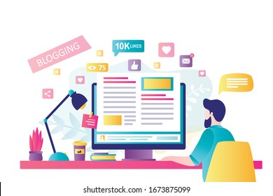 Blogging on desktop computer. Content development for online news, blogs and website, copywriting concept. Man blogger or copywritter on modern workplace. Flat design vector illustration