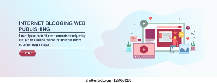 Blogging on internet, blog post publish, social media, video content optimization flat vector banner with icons and texts