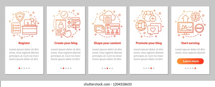 Blogging onboarding mobile app page screen with linear concepts. SMM. Social media business steps graphic instructions. UX, UI, GUI vector template with illustrations