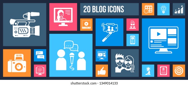 Blogging Online silhouette icon set. Isolated web sign kit of app blog. Pictogram collection of website post, social media, tube channel, writing reward. Simple white contour symbol. Vlog vector Icons