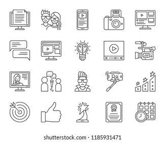 Blogging online thin line icon set. Outline sign kit of app blog. Website post linear icons includes internet vlog, blogger, forum comment. Simple web chat black symbol isolated. Vector Illustration