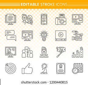 Blogging Online Thin Line Icon Set. Outline Sign Kit Of App Blog. Linear Icons Of Social Media, Tube Channel, Web Site Post, Writing Reward. On Line Vlog Simple Contour Vector Editable Stroke Symbol