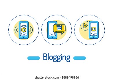 Blogging outline concept. Video content line color icons. Pictograms for web page, mobile app, promo.
