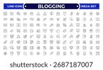 Blogging Outline icon set with communication, video, audio, feedback, and marketing elements. Includes chat, review, blog, broadcast, and digital promotion symbols for online and community design.

