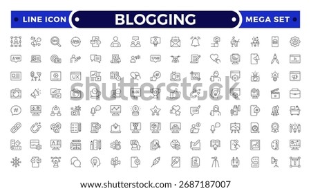 Blogging Outline icon set with communication, video, audio, feedback, and marketing elements. Includes chat, review, blog, broadcast, and digital promotion symbols for online and community design.
