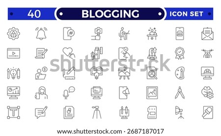 Blogging Outline icon set with communication, video, audio, feedback, and marketing elements. Includes chat, review, blog, broadcast, and digital promotion symbols for online and community design.
