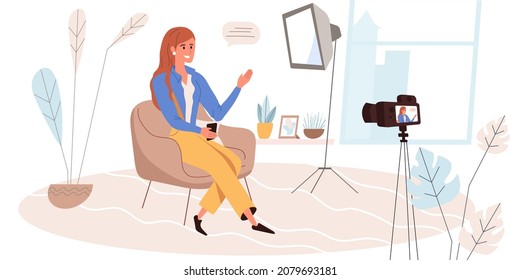 Blogging people concept in modern flat design. Woman blogger sitting in studio and recording video. Live streaming, content creation, social network person scene. Vector illustration for web banner