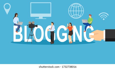 Blogging, people have a personal blog. Hand holds the inscription blogging with mini characters people bloggers. Remote work, freelance. Vector illustration. Vector.