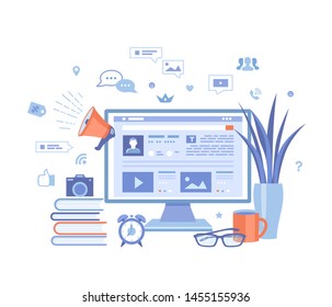 Blogging Posting Education Writing Internet Blog Content-strategy, text, title, photo, video. Monitor, web page, infographics, social media, books, loudspeaker.Vector illustration on white background