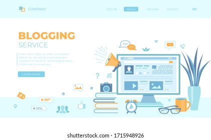 Blogging Posting Education Writing Internet Blog Content-strategy, Text, Title, Photo, Video. Monitor With Web Page. Can Use For Web Banner, Landing Page, Web Template.