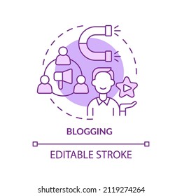 Blogging purple concept icon. Present business project. Marketing trend abstract idea thin line illustration. Isolated outline drawing. Editable stroke. Arial, Myriad Pro-Bold fonts used