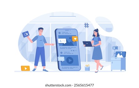 Blogging. Regular publication of photos, videos, text materials. Blog content posting. Vector illustration with characters in flat design for web banner.	
