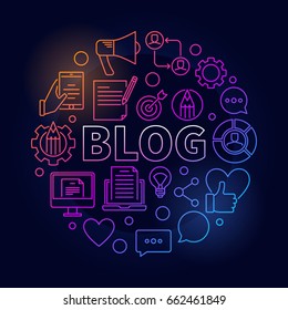 Blogging round colorful illustration - vector circular concept symbol made with word BLOG and thin line blogging icons on dark background