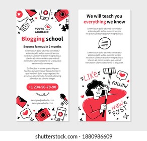 Blogging school flyer for printing in Doodle style, double-sided vector template with female blogger who shoots a vlog on the phone