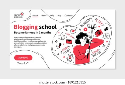 Blogging school landing page in Doodle style, vector template with female blogger who shoots a vlog on the phone