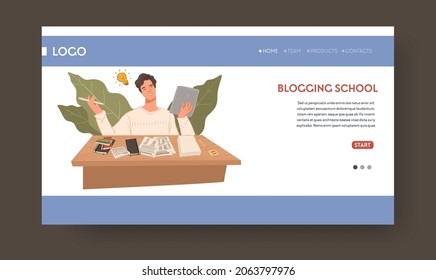 Blogging school, male character learning tricks and obtaining skills for enterprise or startup. University or college. Website or web landing page template with navigation buttons. Vector in flat