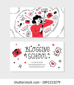 Blogging school visit card for printing in Doodle style, double-sided vector template with female blogger who shoots a vlog on the phone