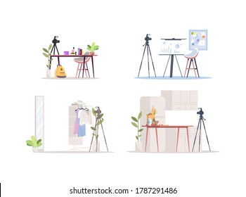 Blogging semi flat RGB color vector illustrations set. Beauty, fashion, business and culinary vlogs. Streaming sets with thematic attributes isolated cartoon objects pack on white background