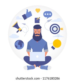 Blogging Services. Man with beard working at laptop