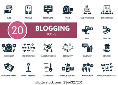 Blogging set. Creative icons: blog, profile, followers, vlog, live streaming, subscribers, chat, content, influencer, monetization, target audience, community, giveaway, donation, personal brand