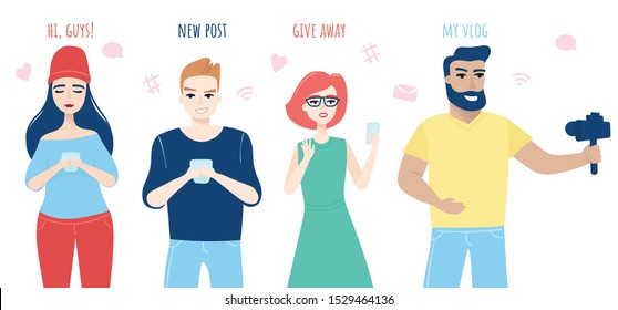 Blogging set. Cute people or bloggers creating content and posting it on social media. Vector flat cartoon illustration