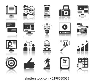 Blogging silhouette icons set. Monochrome web sign kit of app blog. Online channel pictogram as broadcast interview, creative idea, tv presenter. Simple vector symbol. Vlog shape icon with reflection