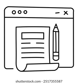Design de ícones do site de blogs. Representando a criação de conteúdo. Escrevendo. Mídias sociais. Publicação Online. Ícone de vetor.