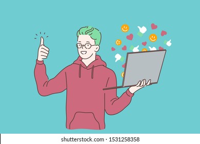 Blogging, social media communication, attracting followers and getting likes concept. Engaging content, internet promotion, SMM. Happy blogger, copywriter chatting, using laptop. Simple flat vector