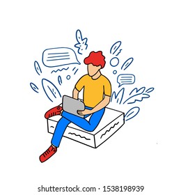 Blogging, social media communication, attracting followers and getting likes concept. Engaging content, internet promotion, SMM. Blogger, copywriter chatting, using laptop. Vector illustration.