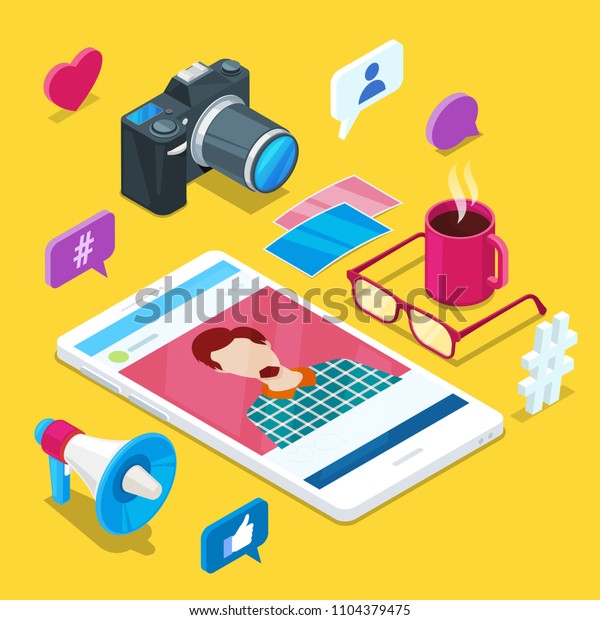 Blogging and\
social media content creation. Photo or video blog vector 3d\
isometric icons. Internet business\
concept.