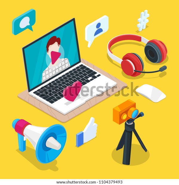 Blogging and\
social media content creation. Photo or video blog vector 3d\
isometric icons. Internet business\
concept.