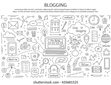 Blogging and social media hand drawn elements. Vector horizontal banner template. Doodle background. For banners and posters, cards, brochures, souvenirs, invitations, website designs.