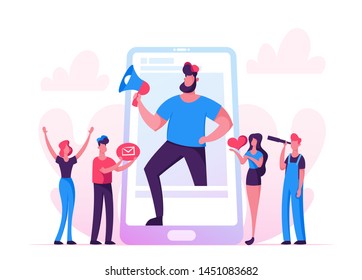 Blogging, Social Media Networking Concept. Huge Man with Megaphone Stand at Smartphone Screen, People Watching Broadcasting, Streaming Video Post, Blogger Character. Cartoon Flat Vector Illustration