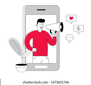 Blogging and Social Media Networking Concept. Man Blogger Character with Megaphone in Hands Stand at Smartphone Screen Broadcasting Streaming Video Post, Announcement Cartoon Flat Vector Illustration