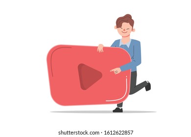 Blogging and Social Media Networking Concept. Man Blogger Character with icon symbol.