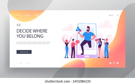 Blogging, Social Media Networking Website Landing Page, Huge Man with Megaphone Stand at Smartphone Screen, People Watching Broadcasting, Video Post, Web Page. Cartoon Flat Vector Illustration, Banner