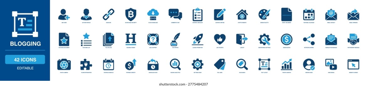 Blogging solid icon set featuring add user, author profile, backlink, cloud security, comments, chat, content checklist, article writing, draft document, editorial calendar and website