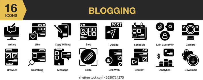 Conjunto de ícones sólidos de blogs. Inclui blogs, conteúdo, autor, artigo, postagem e muito mais. Coleção vetorial de ícones sólidos.