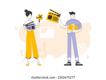blogging team. Trendy linear style. Vector illustration.