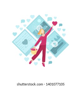 Blogging vector concept. Blogger girl getting hearts. Social media flat illustration.